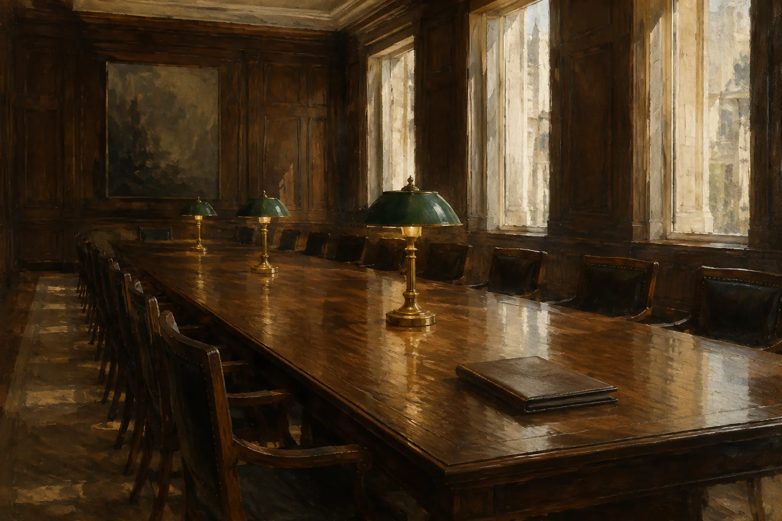 Oil painting of a long committee table under green-shaded lamps in a paneled room, chairs empty