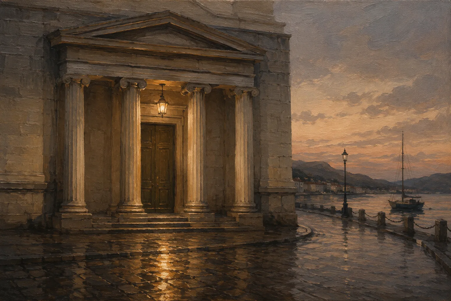 Oil painting of the entrance to a stone bank on a small-town main street at dusk, one lamp lit over the door