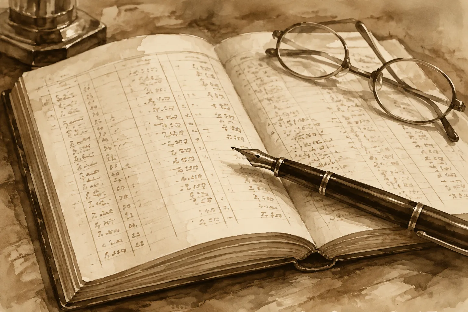 Sepia ink-wash drawing of an open accounts ledger with a fountain pen resting across the page